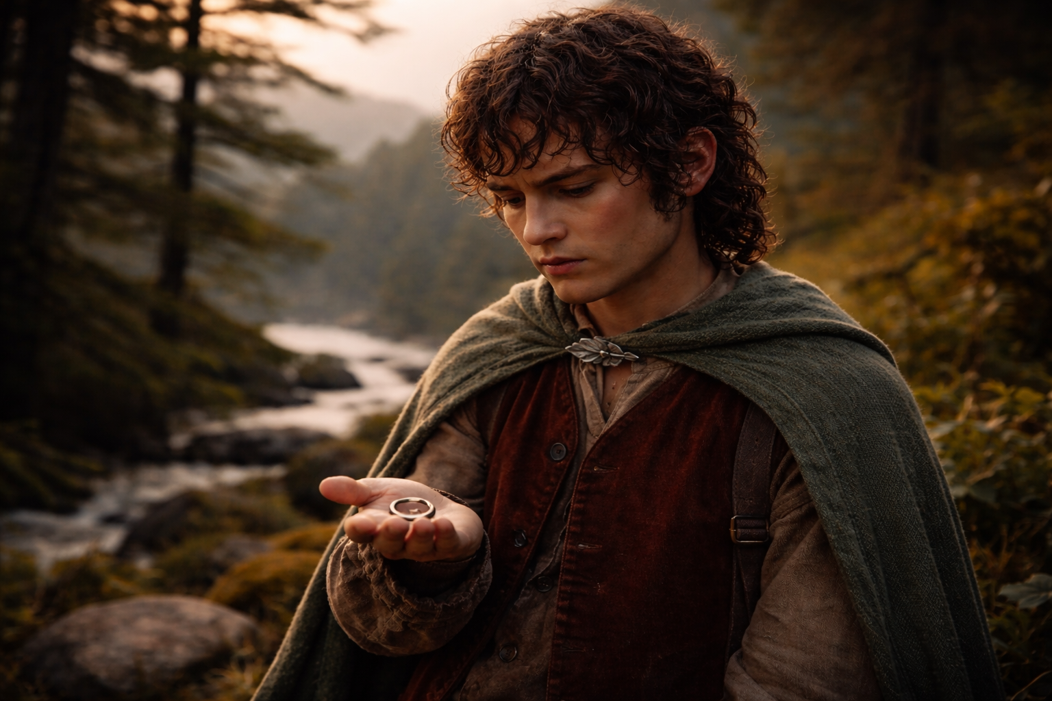 Frodo Baggins carrying the one ring mount doom.