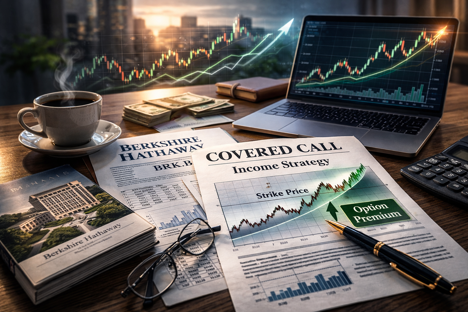 A professional financial desk with a Berkshire Hathaway stock chart and a symbolic representation of a covered call options strategy.