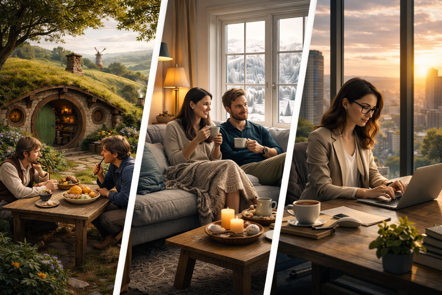 Visual comparison of three lifestyles: A cozy Hobbit hole, a minimalist Swedish interior (Lagom), and a busy modern city skyline.